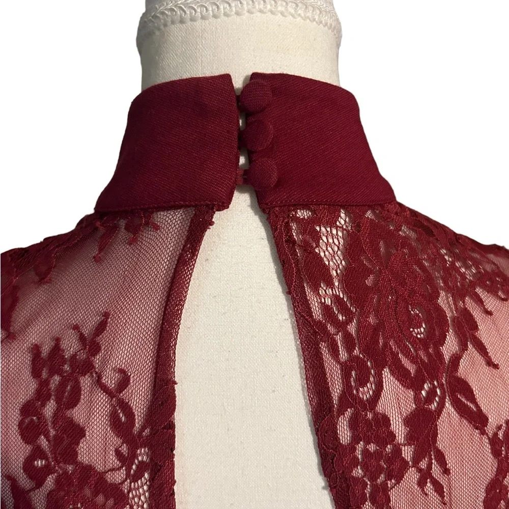 TOBI High Neck Backless Maroon Bodycon Dress w/ See-Thru Lace - Picture 7 of 13